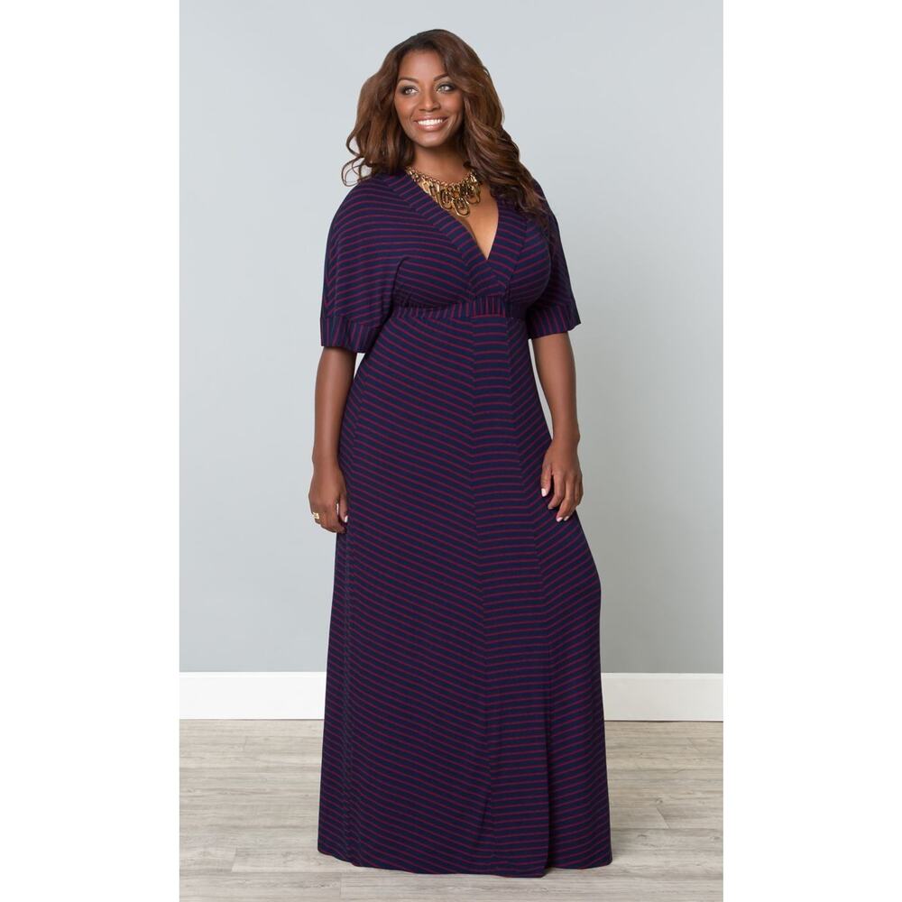 Kiyonna Dress Red Blue Striped Maxi Party Patio Style 1X Kimono Sleeves Patriot